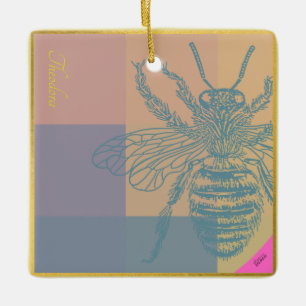 Modern Golden Blue Bee Ceramic Ornament