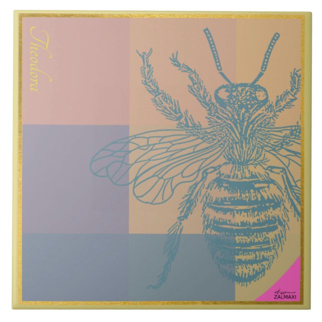 Modern Golden Blue Bee Ceramic Tile (Front)