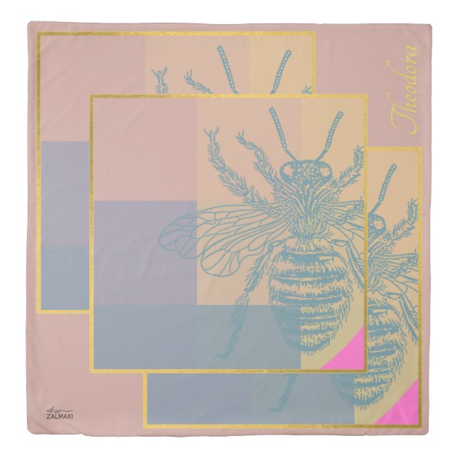 Modern Golden Blue Bee Duvet Cover (Front)