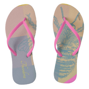 Modern Golden Blue Bee Flip Flops