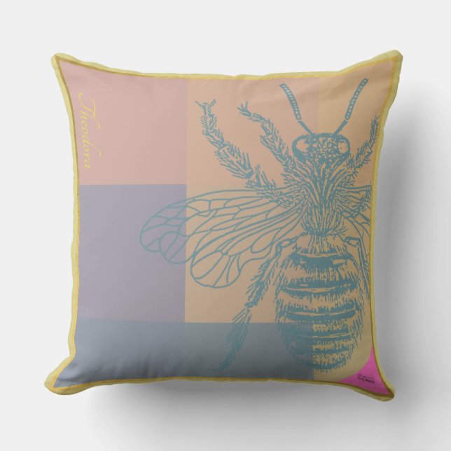Modern Golden Blue Bee Outdoor Pillow (Front)