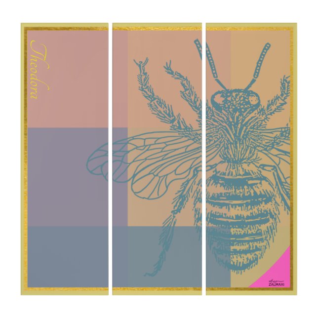 Modern Golden Blue Bee Triptych (Front)