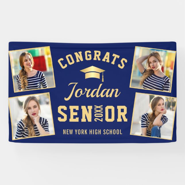 Modern Golden Blue Graduation Class of 2026 PHOTO Banner (Horizontal)
