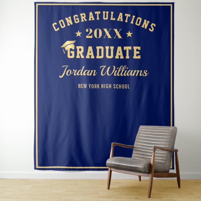 Modern Golden Blue Graduation Photo Booth Backdrop (In Situ)