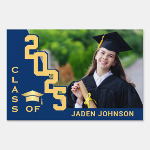 Modern Golden Blue Graduation Photo Yard Sign