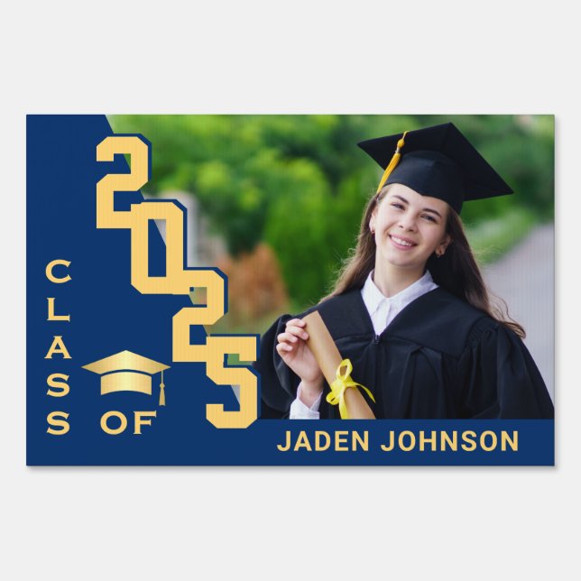 Modern Golden Blue Graduation Photo Yard Sign (Front)