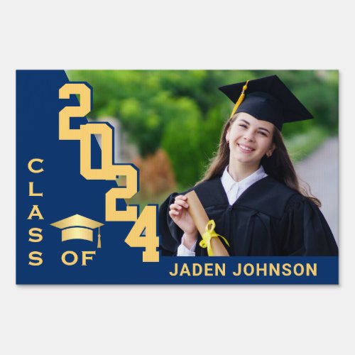 Modern Golden Blue Graduation Photo Yard Sign