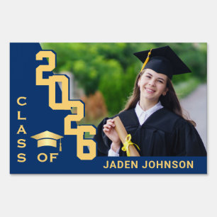 Modern Golden Blue Graduation Photo Yard Sign