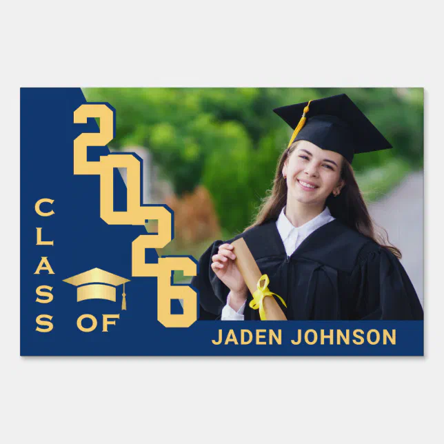 Modern Golden Blue Graduation Photo Yard Sign | Zazzle