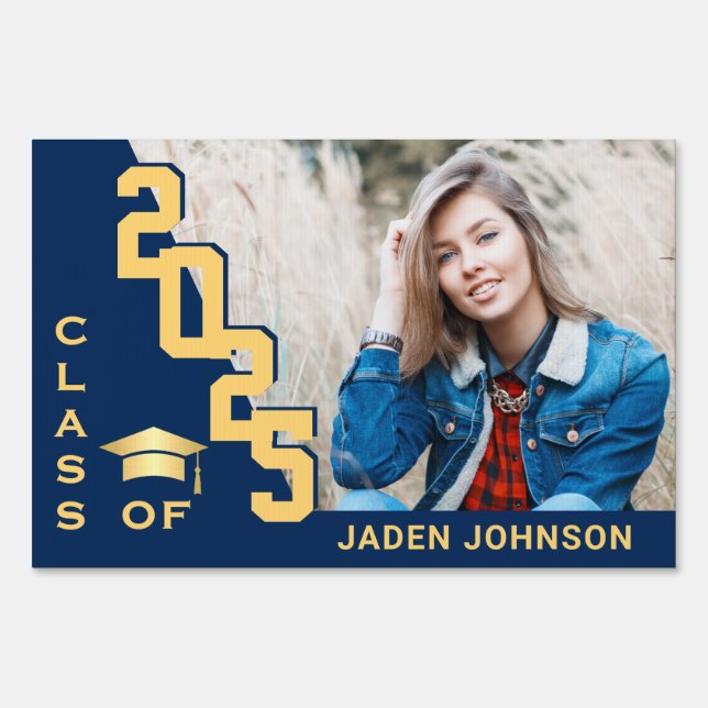 Modern Golden Blue Graduation Photo Yard Sign (Front)