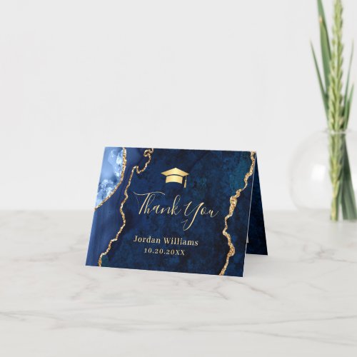 Modern Golden Blue Marble Agate Graduation Party Thank You Card