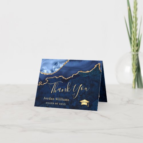Modern Golden Blue Marble Agate Graduation Party Thank You Card
