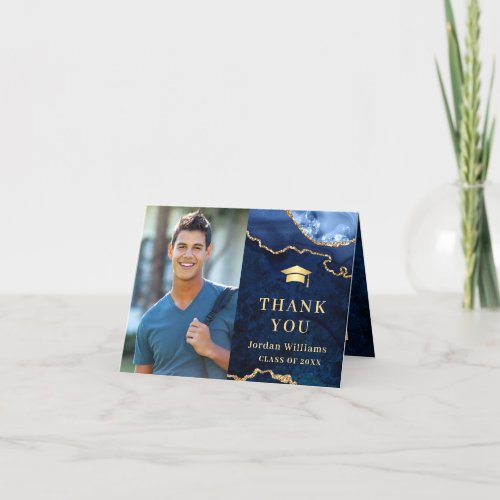 Modern Golden Blue Marble Agate Graduation Party Thank You Card