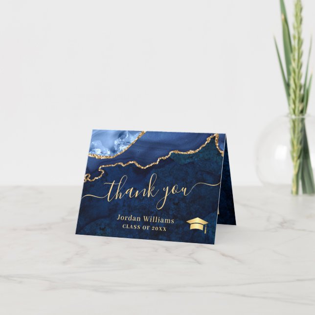 Modern Golden Blue Marble Agate Graduation Party Thank You Card (Front)