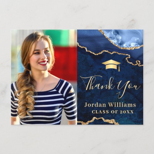 Modern Golden Blue Marble Agate Graduation Thank You Card - For further customization, please click the "Customize" link and use our  tool to design this template. 
If you need help or matching items, please contact me.