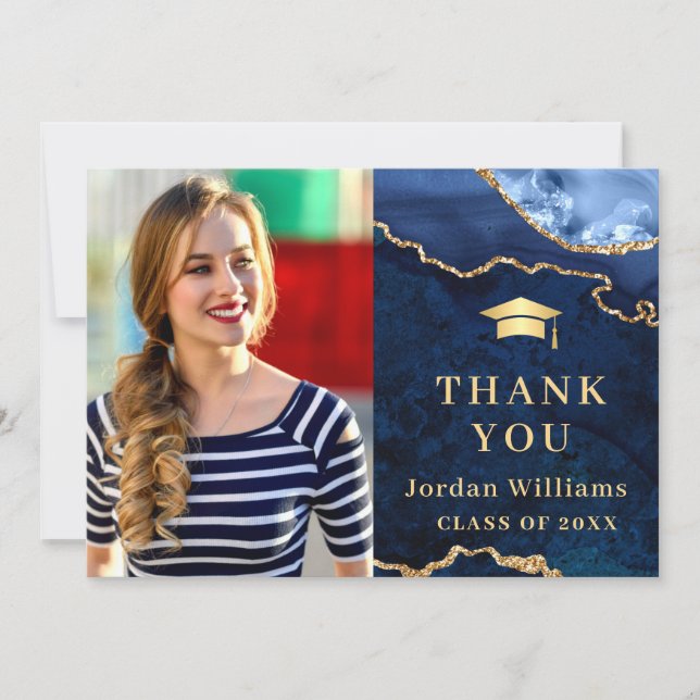 Modern Golden Blue Marble Agate Graduation Thank You Card (Front)