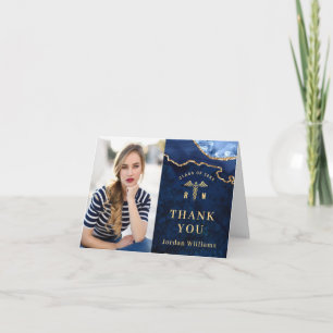 Modern Golden Blue Marble Agate RN Graduation Than Letterpress Thank You Card