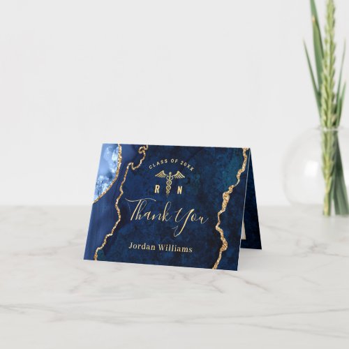 Modern Golden Blue Marble Agate RN Graduation Than Thank You Card - For further customization, please click the "Customize" link and use our  tool to design this template. 
If you need help or matching items, please contact me.