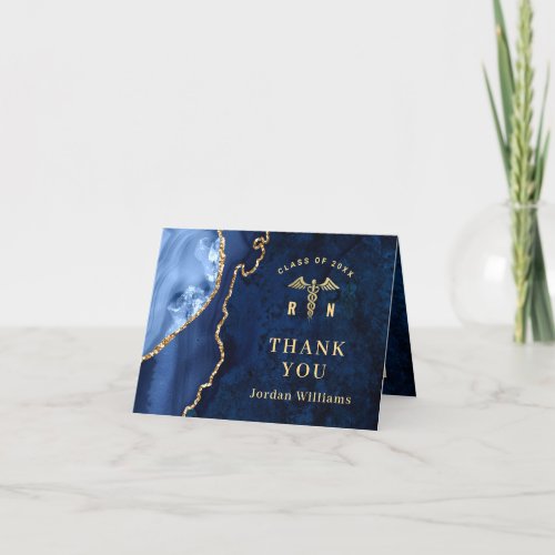 Modern Golden Blue Marble Agate RN Graduation Than Thank You Card - For further customization, please click the "Customize" link and use our  tool to design this template. 
If you need help or matching items, please contact me.