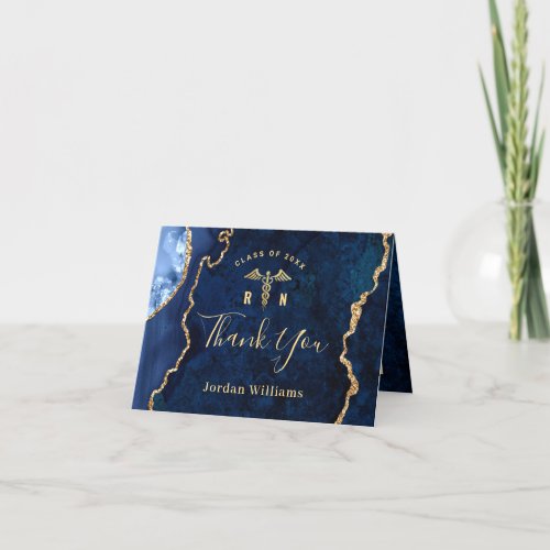Modern Golden Blue Marble Agate RN Graduation Thank You Card - For further customization, please click the "Customize" link and use our  tool to design this template. 
If you need help or matching items, please contact me.