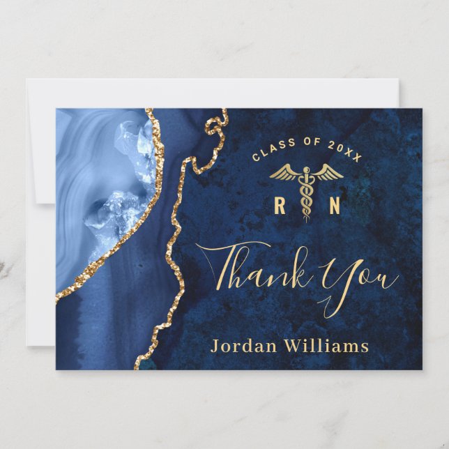 Modern Golden Blue Marble Agate RN Graduation Thank You Card (Front)