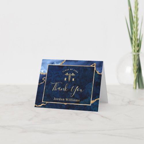 Modern Golden Blue Marble Agate RN Graduation Thank You Card - For further customization, please click the "Customize" link and use our  tool to design this template. 
If you need help or matching items, please contact me.