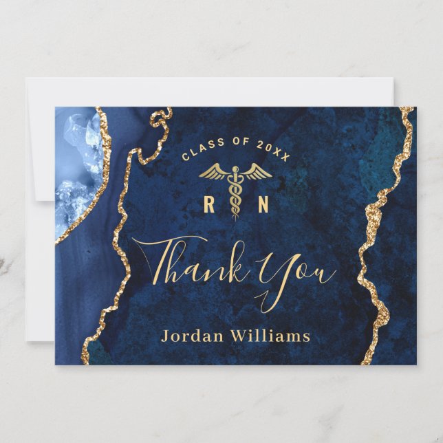 Modern Golden Blue Marble RN Nursing Graduation Thank You Card (Front)