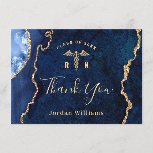 Modern Golden Blue Marble RN Nursing Graduation Thank You Card - For further customization, please click the "Customize" link and use our  tool to design this template. 
If you need help or matching items, please contact me.