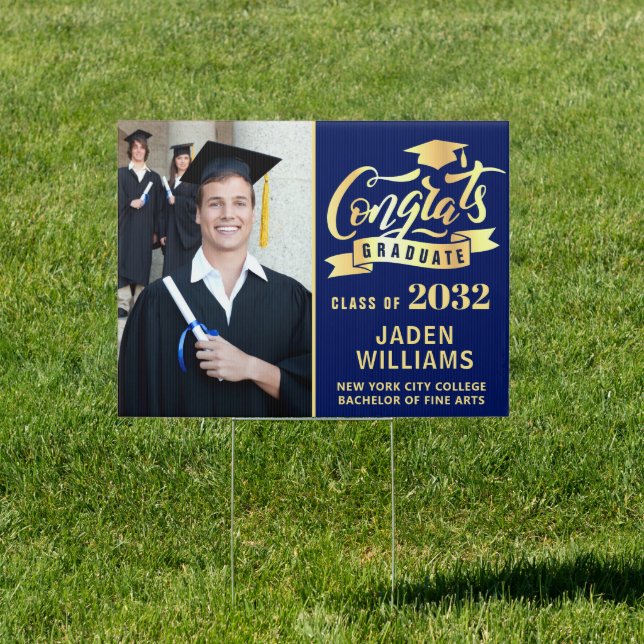 Modern Golden Blue PHOTO Graduation Banner Yard Sign (Insitu)