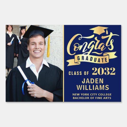 Modern Golden Blue PHOTO Graduation Banner Yard Sign