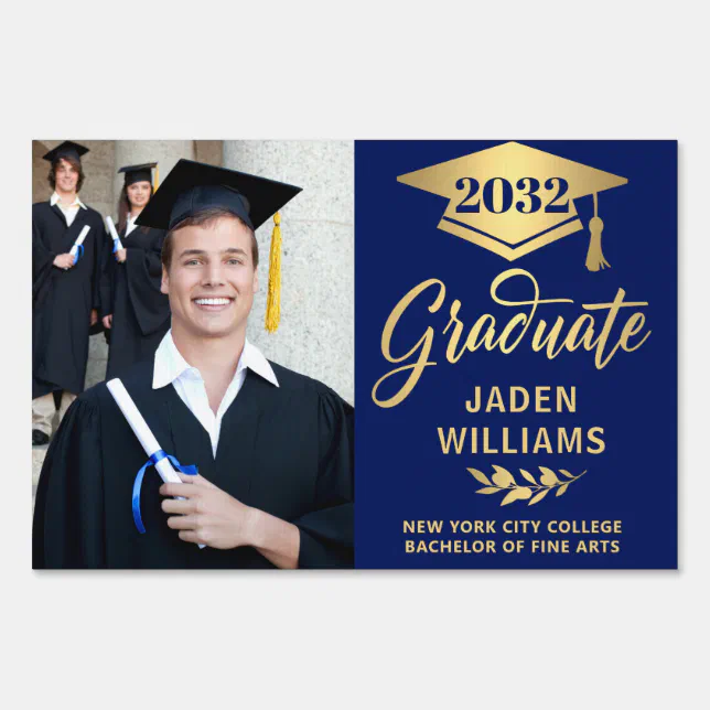 Modern Golden Blue PHOTO Graduation Banner Yard Sign | Zazzle