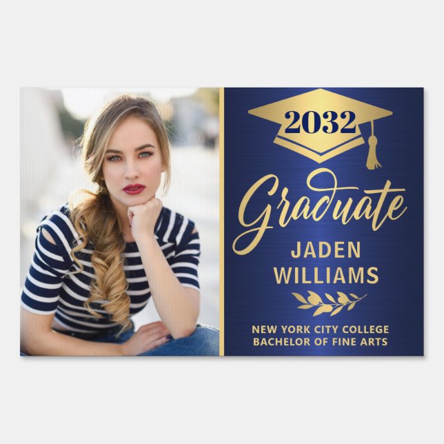 Modern Golden Blue PHOTO Graduation Banner Yard Sign (Front)