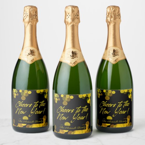 Modern Golden Bokeh Lights Cheers to New Year Sparkling Wine Label