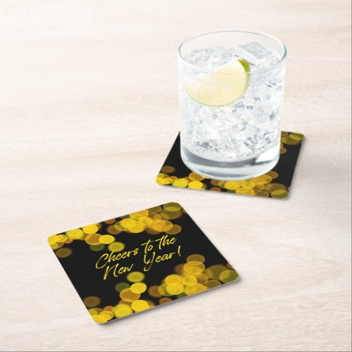 Modern Golden Bokeh Lights Cheers to New Year Square Paper Coaster