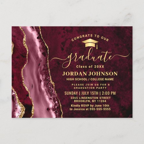 Modern Golden Burgundy Graduation Party Invitation Postcard