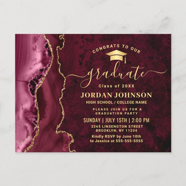 Modern Golden Burgundy Graduation Party Invitation Postcard (Front)
