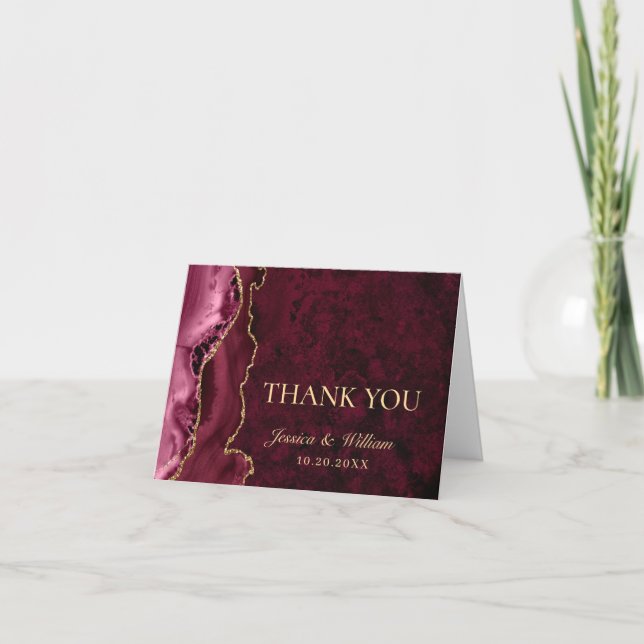 Modern Golden Burgundy Marble Agate Thank You Card (Front)