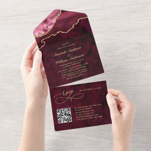 Modern Golden Burgundy Marble Agate Wedding All In One Invitation