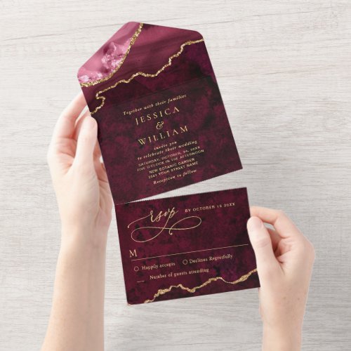 Modern Golden Burgundy Marble Agate Wedding All In One Invitation