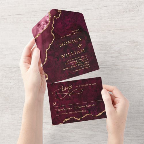 Modern Golden Burgundy Marble Agate Wedding All In One Invitation