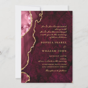 Modern Golden Burgundy Marble Agate Wedding Invitation