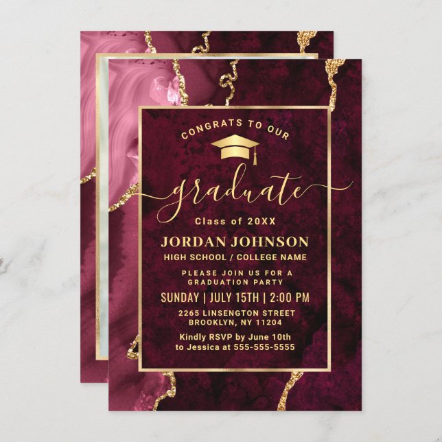 Modern Golden Burgundy Marble Graduation Party Invitation (Front/Back)