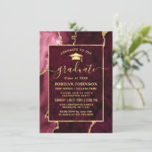 Modern Golden Burgundy Marble Graduation Party Invitation (Standing Front)