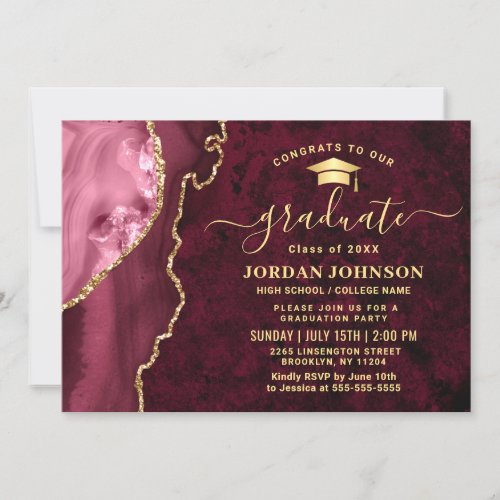Modern Golden Burgundy Marble Graduation Party Invitation - Modern Golden Burgundy Marble Graduation Party Invitation. 
 For further customization, please click the "customize further" link and use our design tool to modify this template. 
 If you prefer Thicker papers / Matte Finish, you may consider to choose the Matte Paper Type.