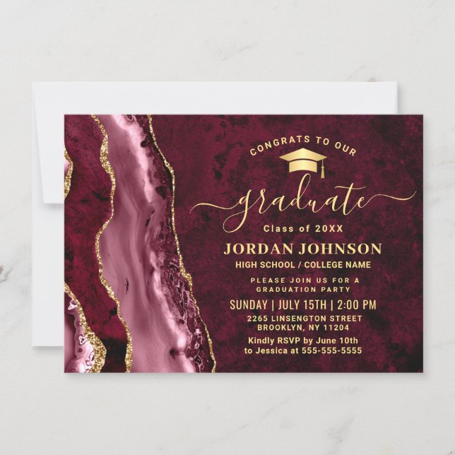 Modern Golden Burgundy Marble Graduation Party Invitation (Front)
