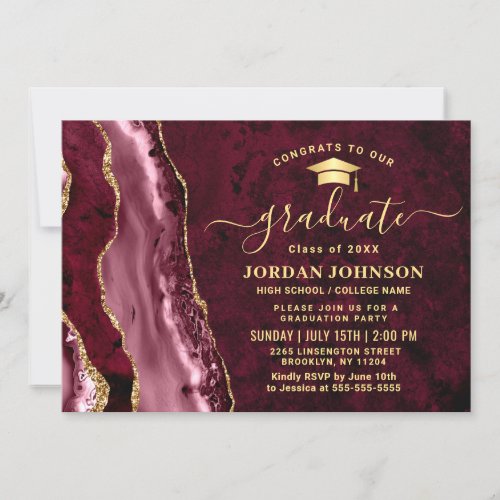 Modern Golden Burgundy Marble Graduation Party Invitation - Modern Golden Burgundy Marble Graduation Party Invitation. 
 For further customization, please click the "customize further" link and use our design tool to modify this template. 
 If you prefer Thicker papers / Matte Finish, you may consider to choose the Matte Paper Type.