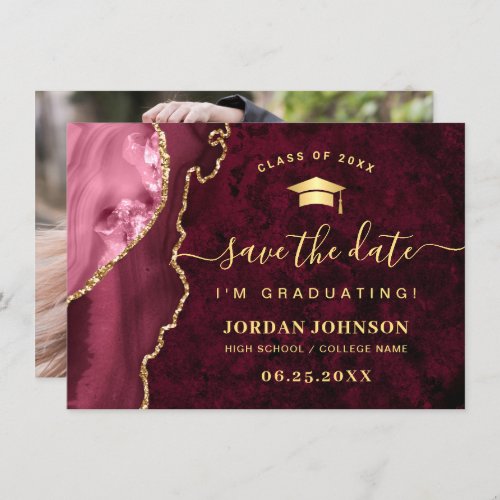 Modern Golden Burgundy Marble Graduation Photo Save The Date