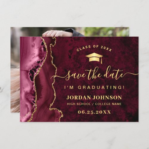 Modern Golden Burgundy Marble Graduation Photo Save The Date