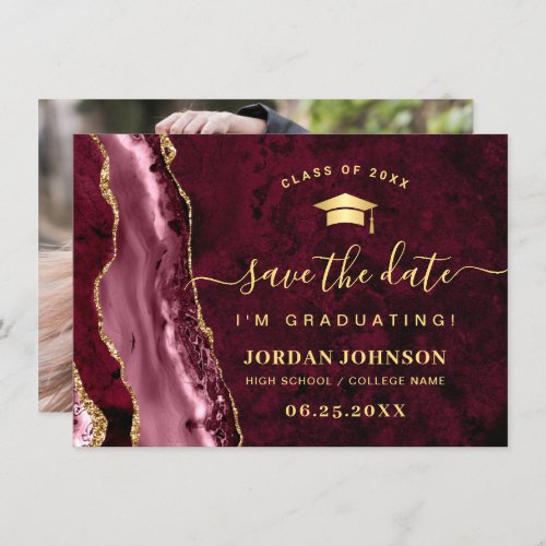 Modern Golden Burgundy Marble Graduation Photo Save The Date