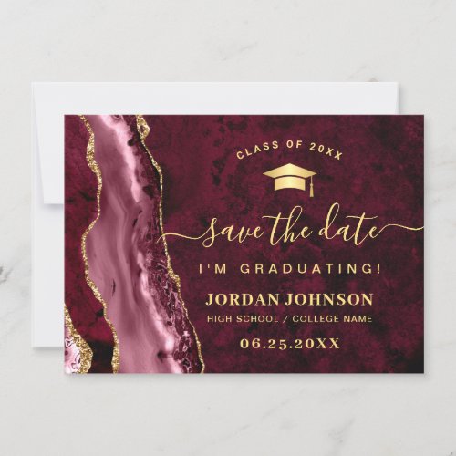 Modern Golden Burgundy Marble Graduation QR code Save The Date